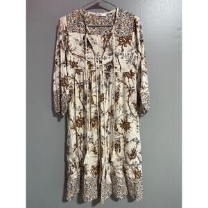 R. Vivimos Boho Floral Midi Dress Size S 4/6 Cream Mustard Tassel Tie